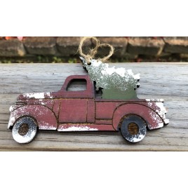 Wood Red Truck with Christmas Tree Handmade Christmas Ornament 