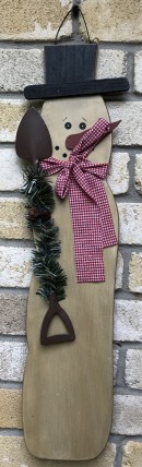 Snowman Decoration with Metal Shovel, greenery and Scarf 