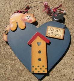 Wood Cat Sign 288 - No Cats Allowed Heart Hangs by Wire