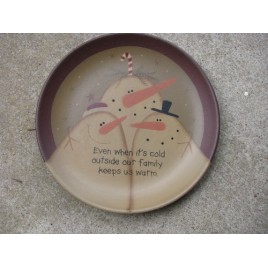 Primitive Wood Snowman Plate 31818F - Family keeps us Warm 