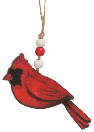 Wood Cardinal Ornament with Beaded Jute Hanger