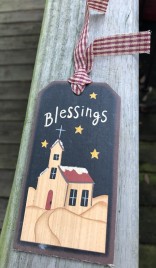3D6044BC Blessings Church wood tag with Gingham Ribbon 