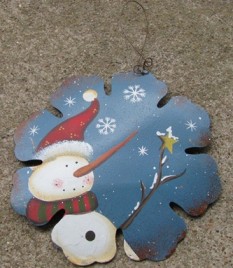 Primitive Snowman 40007B - Blue Snowman Tin Christmas Ornament