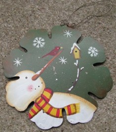 Primitive Snowman 40007G - Green Snowman Tin Christmas Ornament