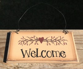 Primitive Wood mini Sign 64232W - Welcome with stars and berries 