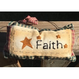 99280f Faith Primitive Mini Pillow with gingham ribbon Hangs by wire