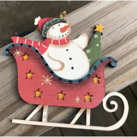 Wood Snowman in a Sleigh Christmas Ornament