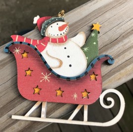 Wood Snowman in a Sleigh Christmas Ornament