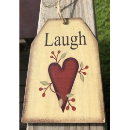 Primitive Decor Laugh Heart Wood Tag 