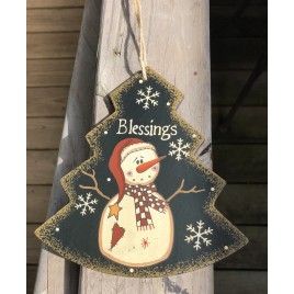 Primitive Wood 206-74705NB  Blessings Tree Snowman Christmas Ornament 