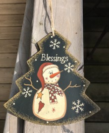 Primitive Wood 206-74705NB  Blessings Tree Snowman Christmas Ornament 