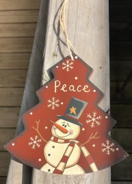 Primitive Wood 206-74705NB Peace Tree Snowman Christmas Ornament 