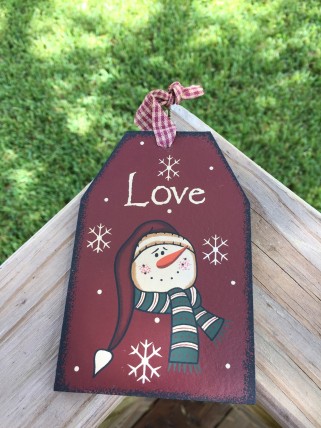  Primitive Wood Gift Tag  206-69483 Love Burgundy Snowman Tag Ornament 