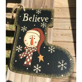 Primitive Christmas Wood 2388 Believe Snowman Ornament 