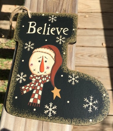 Primitive Christmas Wood 2388 Believe Snowman Ornament 