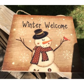 Primitive Wood Hanging Snowman 2426  Winter Welcome Sign