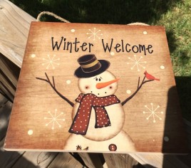 Primitive Wood Hanging Snowman 2426  Winter Welcome Sign