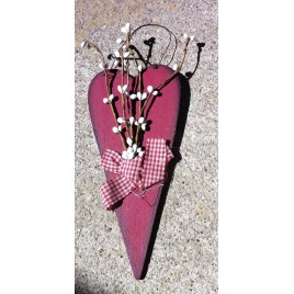 Primitive Wood RH-2 Burgundy Heart with white berries and ribbon
