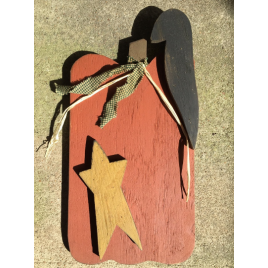 Primitive Wood Pumpkin with Mustard Star, Black Crow and Green Checkered Homespun Ribbon Primitive Wood Pumpkin with Mustard Star, Black Crow and Green Checkered Homespun Ribbon