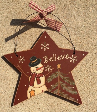 Primitive Wood 74704RB - Burgundy Believe Snowman Christmas Ornament 