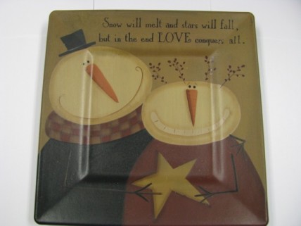 Primitive Wood Snowman Plate 31492L -Snowman Love Conquers All 