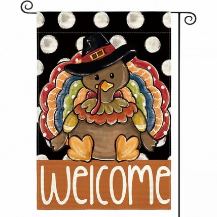 KE7357097 Thanksgiving Turkey And Polka Dot Welcome double sided garden flag