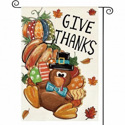 UK8072622 Give Thanks Thanksgiving Turkey Pumpkin Garden Flag double sided burlap