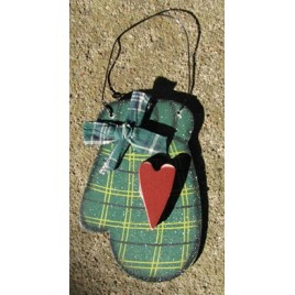 WD1187 - Green plaid wood mitten with red heart and gingham bow WD1187 - Green plaid wood mitten with red heart and gingham bow