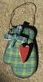 WD1187 - Green plaid wood mitten with red heart and gingham bow 