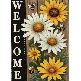 HG6704899 Welcome Daisy Sunflower bee yellow white garden flag HG6704899 Welcome Daisy Sunflower bee yellow white garden flag