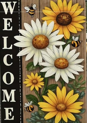 HG6704899 Welcome Daisy Sunflower bee yellow white garden flag HG6704899 Welcome Daisy Sunflower bee yellow white garden flag